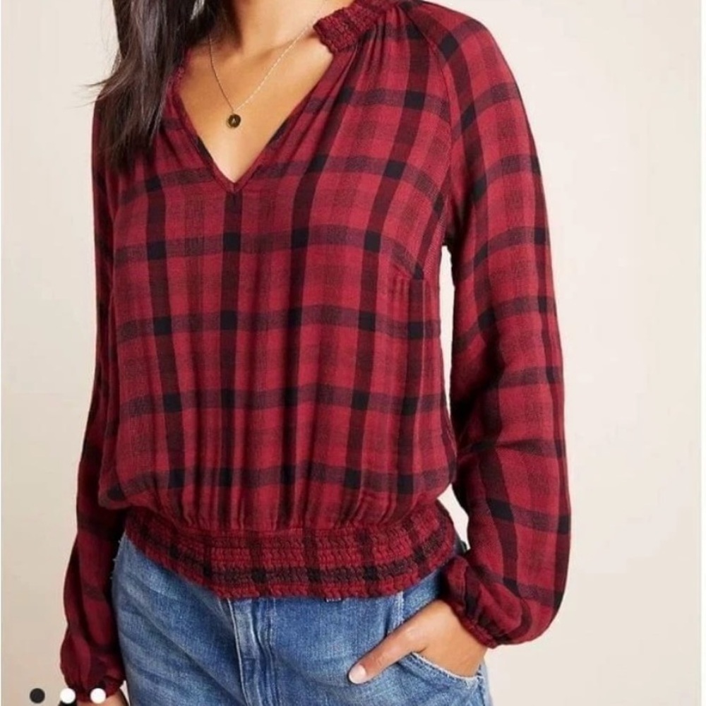 Cloth & Stone Anthropologie Plaid Sara Red and Black Plunge Neck Relaxed Blouse